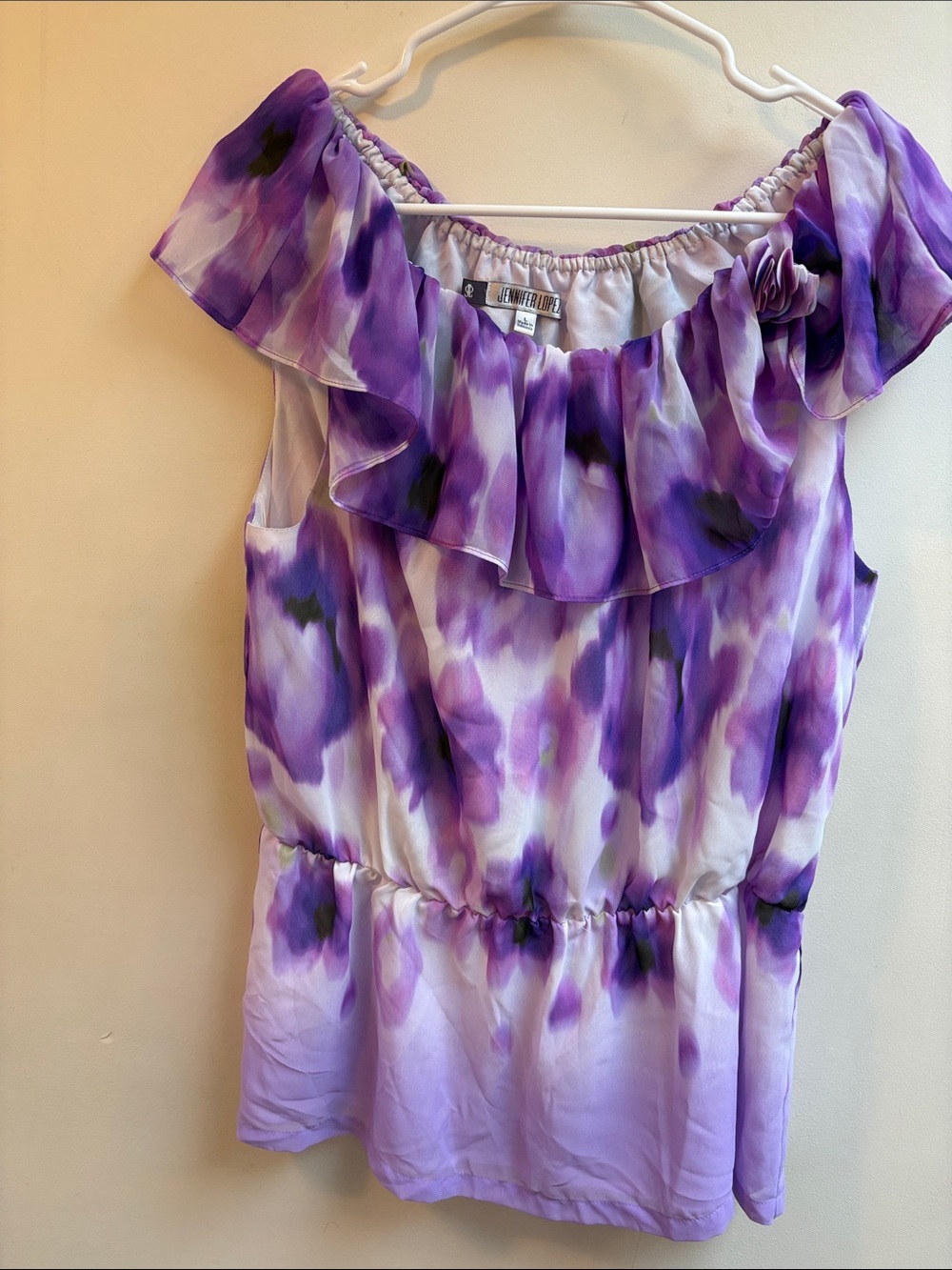 Jennifer Lopez Purple Watercolor Off-Shoulder Ruffle Blouse